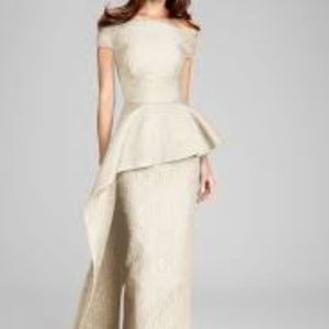 Teri Jon JACQUARD SIDE DRAPE OVERLAY GOLD GOWN